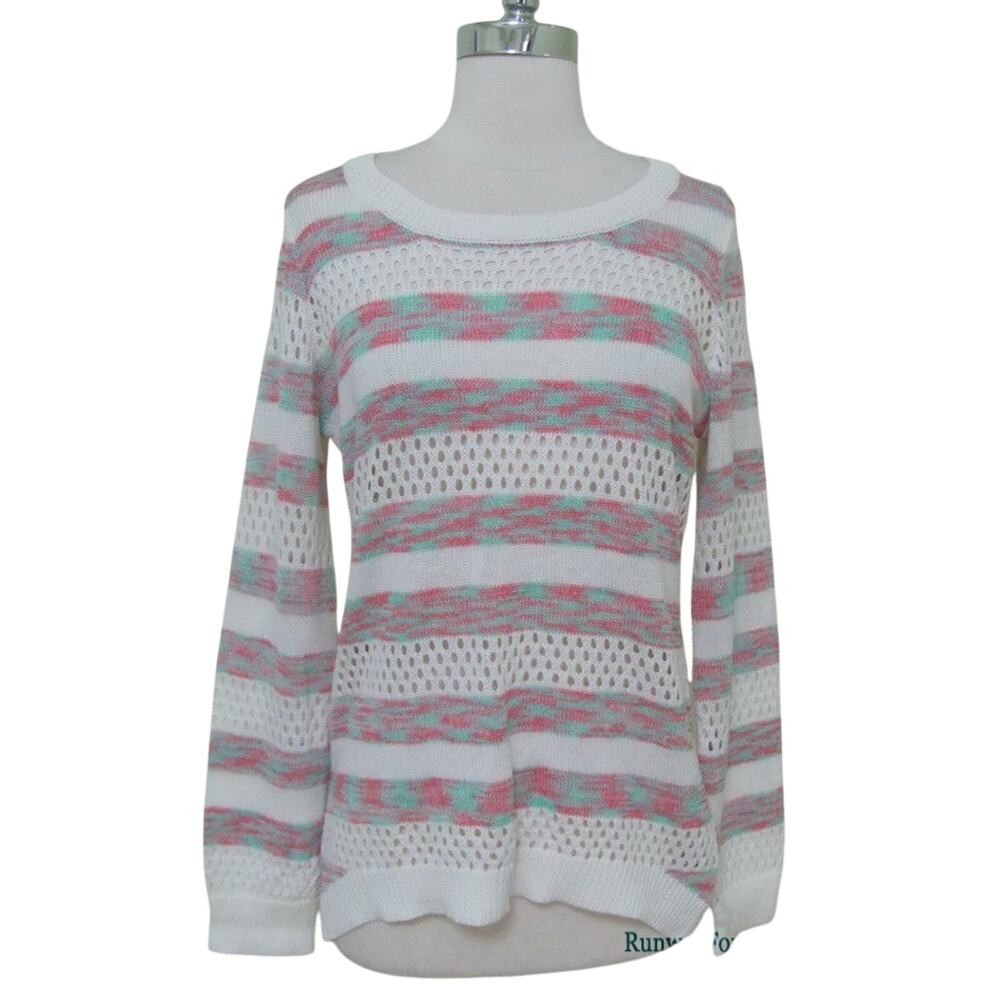 New PINK ROSE Large Yogurt Aqua Mint Coral Dream Stripe Pullover Sweater Top